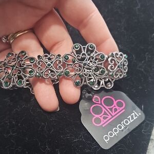 Paparazzi Silver Stretchy Bracelet with Green Accents